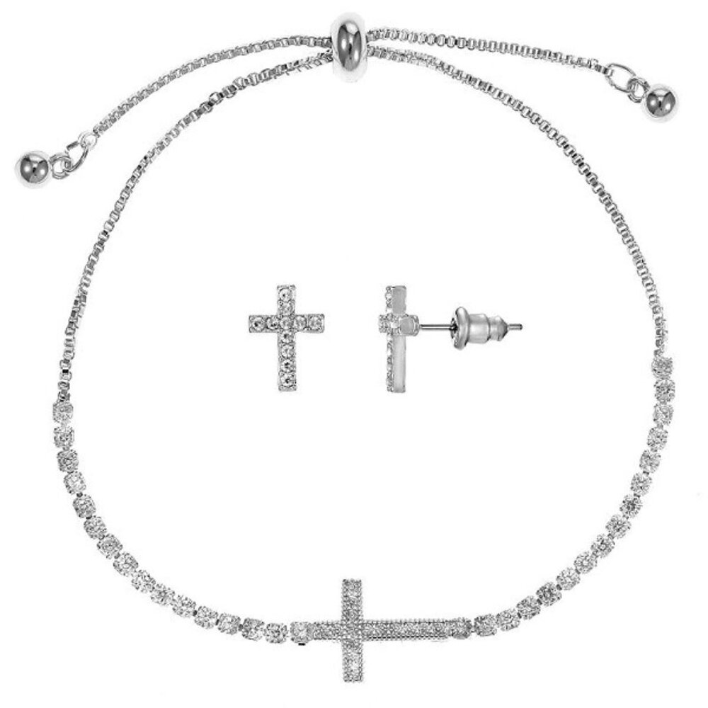 PRIMAVERA 2pc Inspirational Cross Silver Plated Clear CZ Bracelet & Earrings Set
